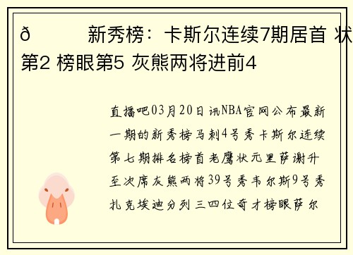 🔔新秀榜：卡斯尔连续7期居首 状元第2 榜眼第5 灰熊两将进前4